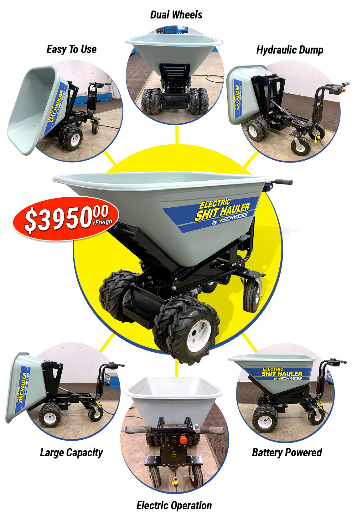 Battery operated Electric Manure Hauler by Schweiss features large capacity, electric operation, ease of use, dual wheels, and hydraulic dump.